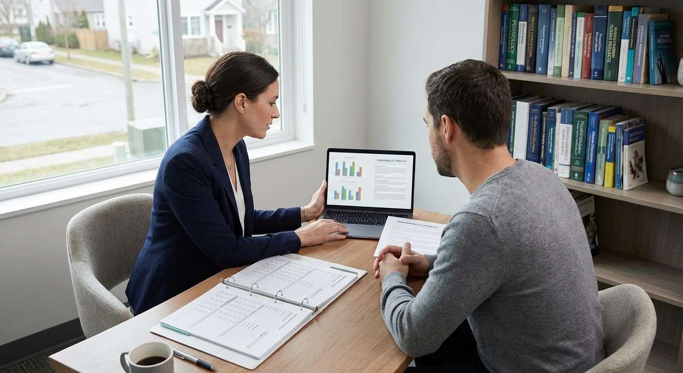 یک متخصص روان‌شناس در حال تحلیل نتایج یک آزمون شخصیت با مراجع خود در یک محیط آرام کلینیک.