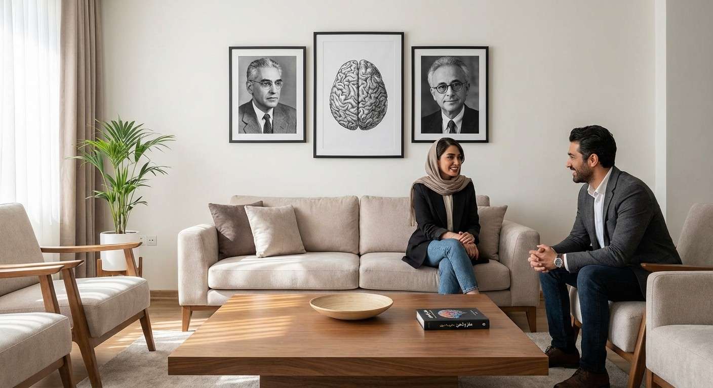 تصویر مونتاژی از چهره‌های پیشگامان عصب‌روان‌شناسی مانند لوریا و داماسیو در کنار تصویری از مغز انسان.