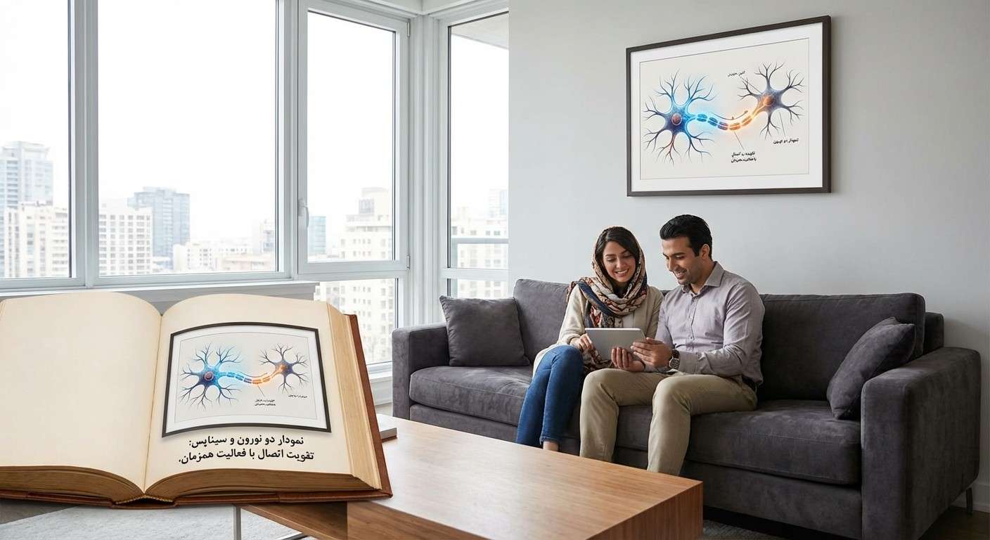 نمودار دو نورون که با یک سیناپس به هم متصل هستند و با فعال شدن همزمان، اتصالشان قوی‌تر می‌شود.