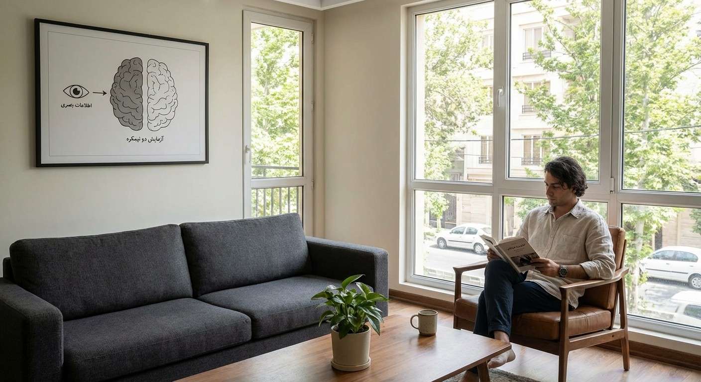 طرحی شماتیک از آزمایش دو نیمکره که در آن اطلاعات بصری فقط به یک نیمکره مغز ارسال می‌شود.