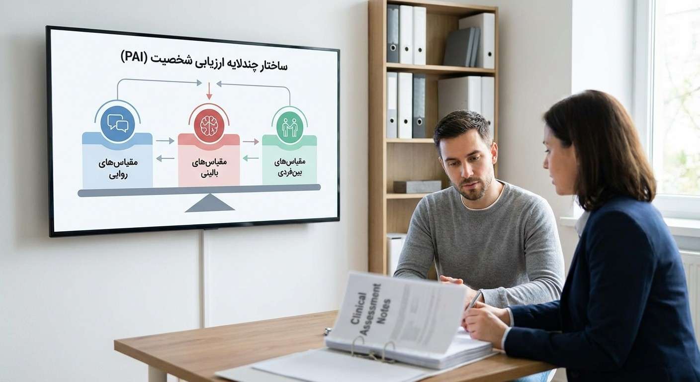 یک نمودار مفهومی که ساختار متعادل و چندلایه آزمون PAI را نشان می‌دهد؛ از مقیاس‌های روایی تا بالینی و بین‌فردی.