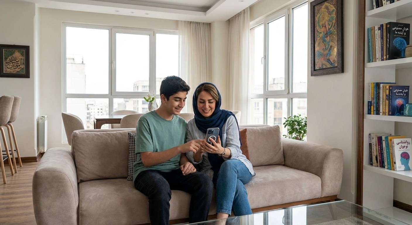 والد و نوجوانی که در فضایی صمیمی و امن درباره استفاده از هوش مصنوعی روی گوشی هوشمند صحبت می‌کنند.