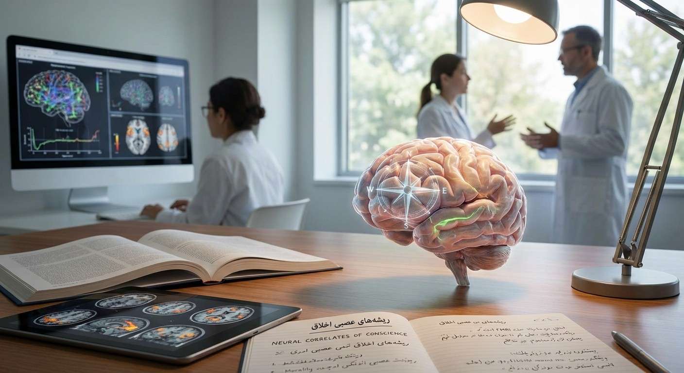 تصویر مفهومی یک مغز که به شکل یک قطب‌نمای اخلاقی درآمده است، نماد ریشه‌های عصبی اخلاق و وجدان.