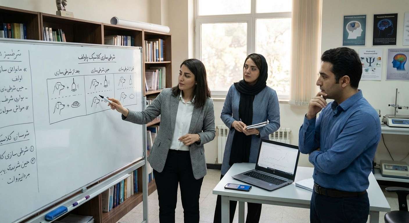 نمودار شرطی‌سازی کلاسیک پاولف با نمایش مراحل قبل، حین و بعد از شرطی‌سازی سگ.