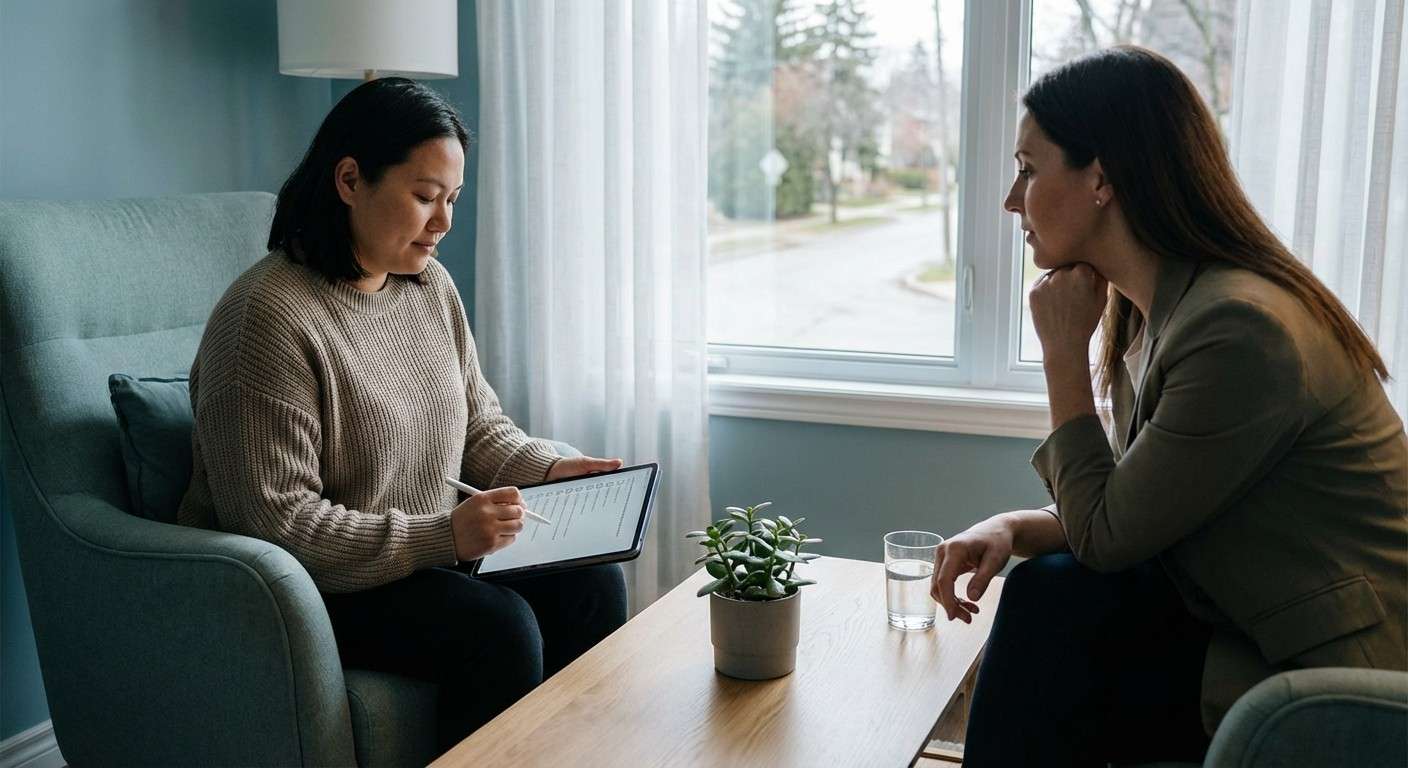 فردی در حال پر کردن یک پرسشنامه سلامت روان روی تبلت در محیطی آرام.