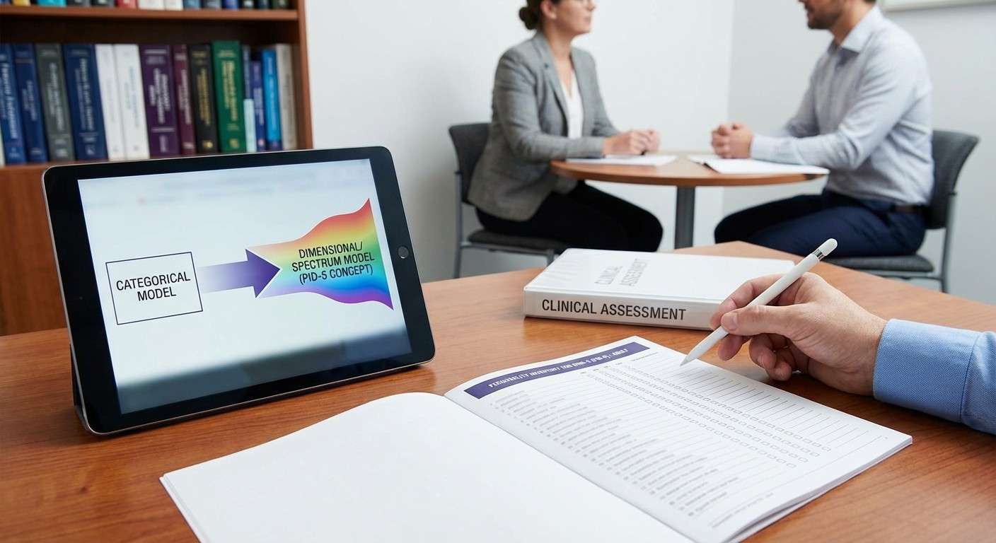 تصویری مفهومی از پرسشنامه PID-5 که گذار از مدل طبقه‌ای به مدل ابعادی و طیفی شخصیت را نشان می‌دهد.