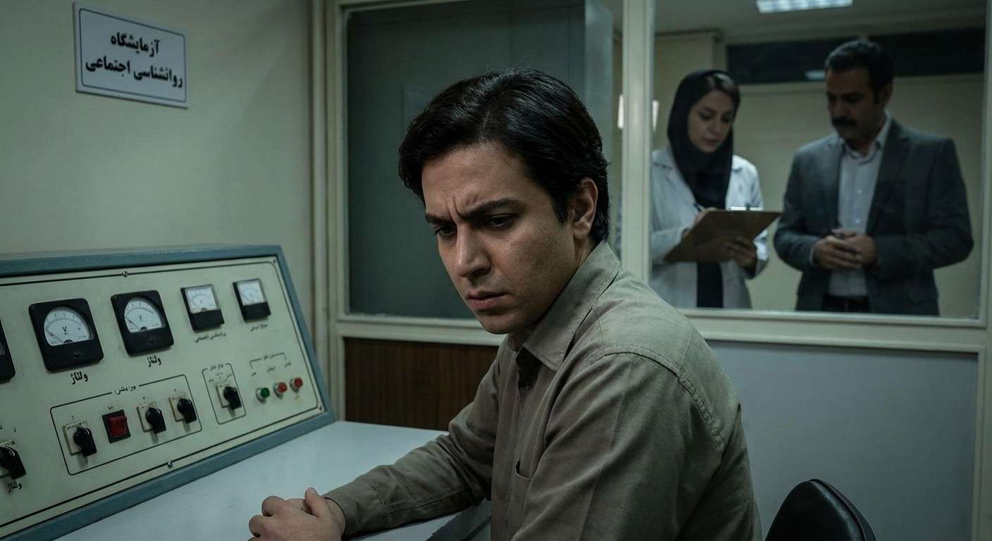 تصویری مفهومی از آزمایش میلگرام؛ فردی پشت یک دستگاه شوک الکتریکی نشسته و دچار تردید و اضطراب است.