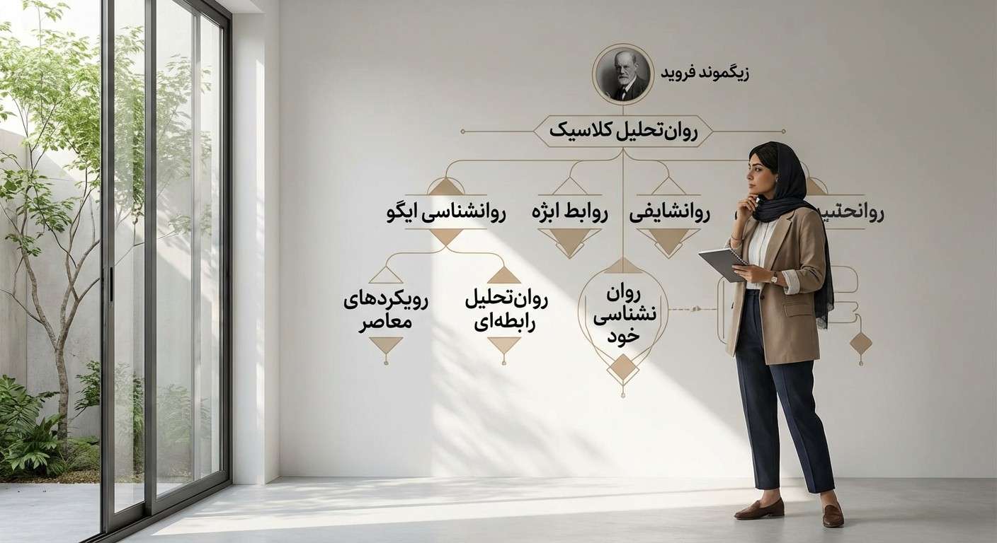 نقشه مفهومی شاخه‌های مختلف روان‌تحلیل از فروید تا رویکردهای معاصر.