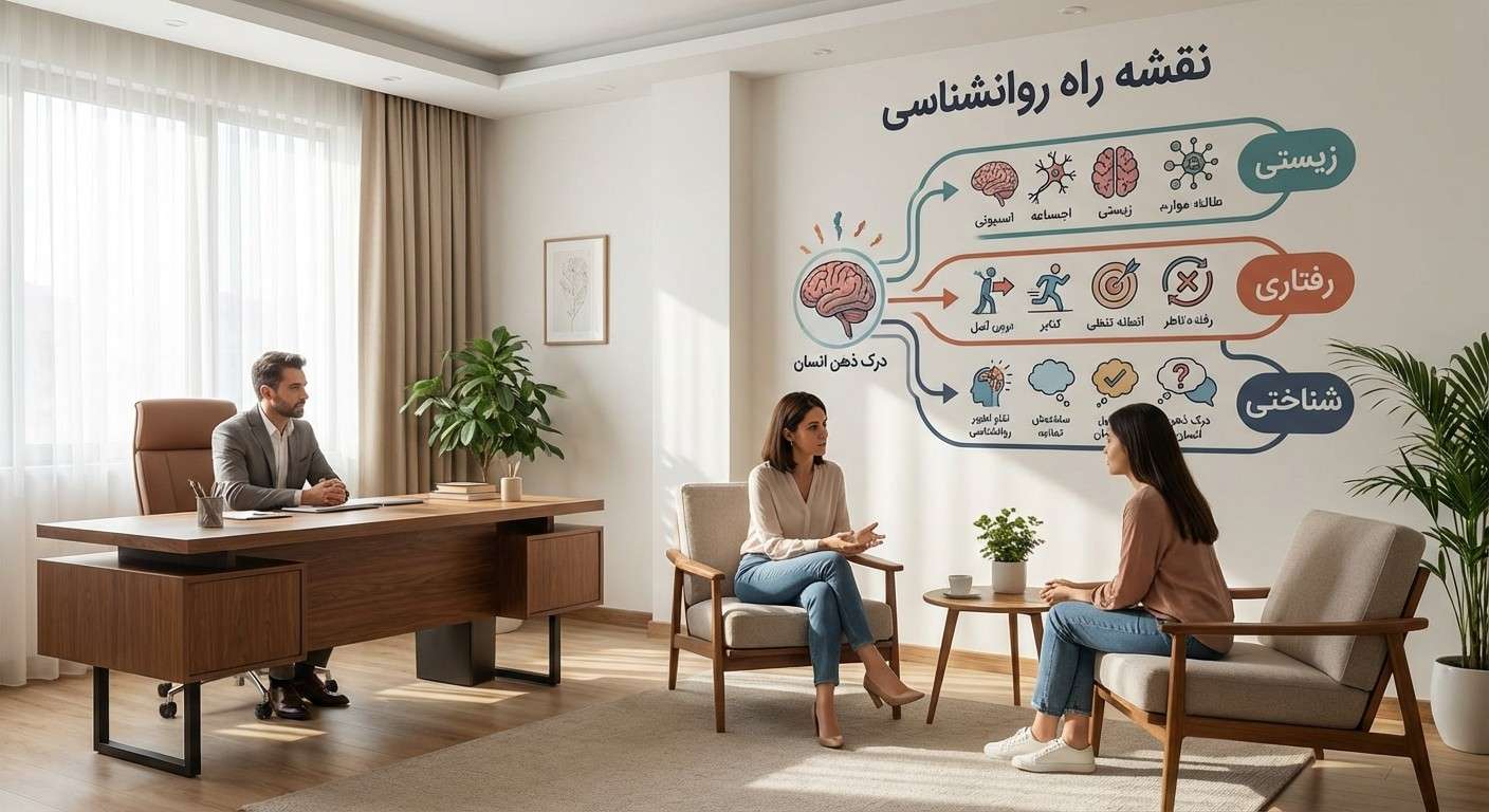 نقشه راه روانشناسی که سه مسیر اصلی زیستی، رفتاری و شناختی را برای درک ذهن انسان نشان می‌دهد.