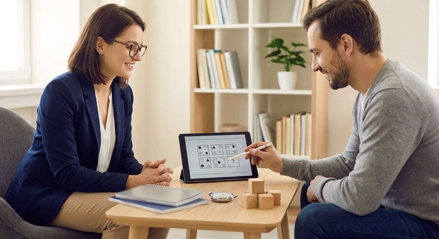 یک ماتریس تصویری ناقص از آزمون ریون که فرد در حال انتخاب قطعه صحیح برای تکمیل الگو است، نماد سنجش هوش غیرکلامی.