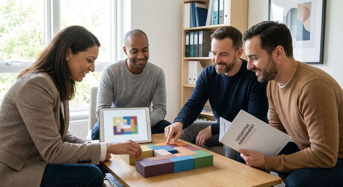 گروهی متنوع از افراد با فرهنگ‌های مختلف که با هم در حال حل یک معمای بصری هستند، نمادی از کاربرد بین‌فرهنگی آزمون‌های غیرکلامی.