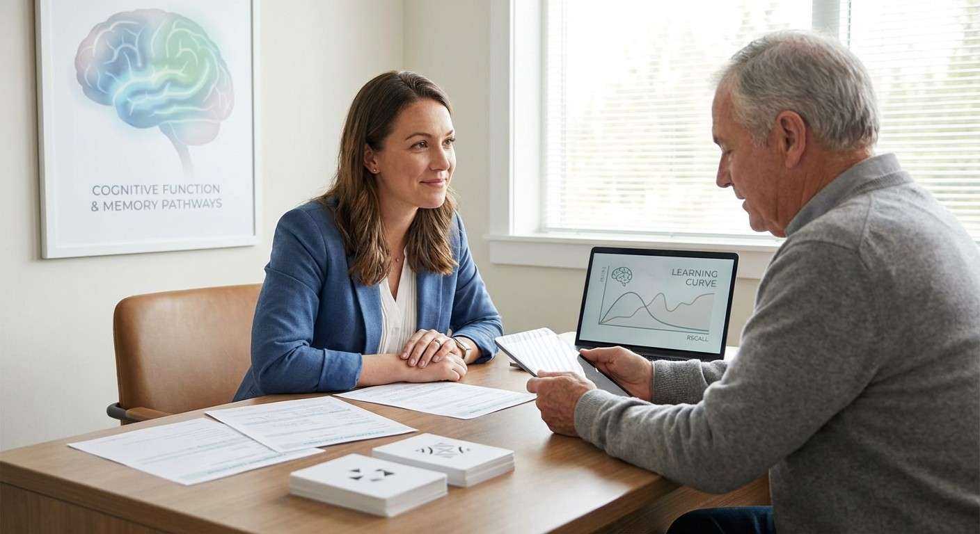 تصویر مفهومی آزمون RAVLT که منحنی یادگیری و فراموشی را در مغز انسان نشان می‌دهد.