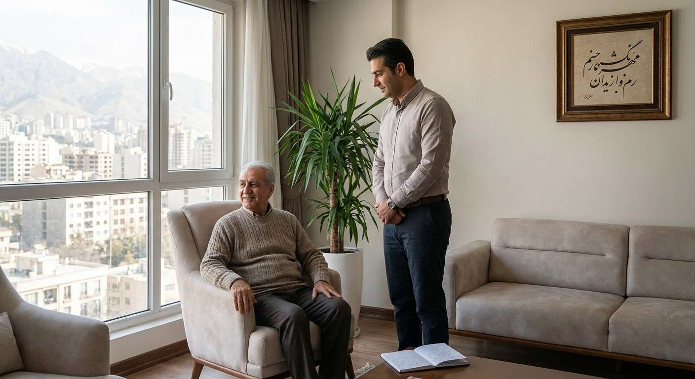 یک پدر سالمند با لبخند به دوردست نگاه می‌کند در حالی که پسرش در کنار او ایستاده و به انتخاب او احترام می‌گذارد، نماد استقلال و حمایت.