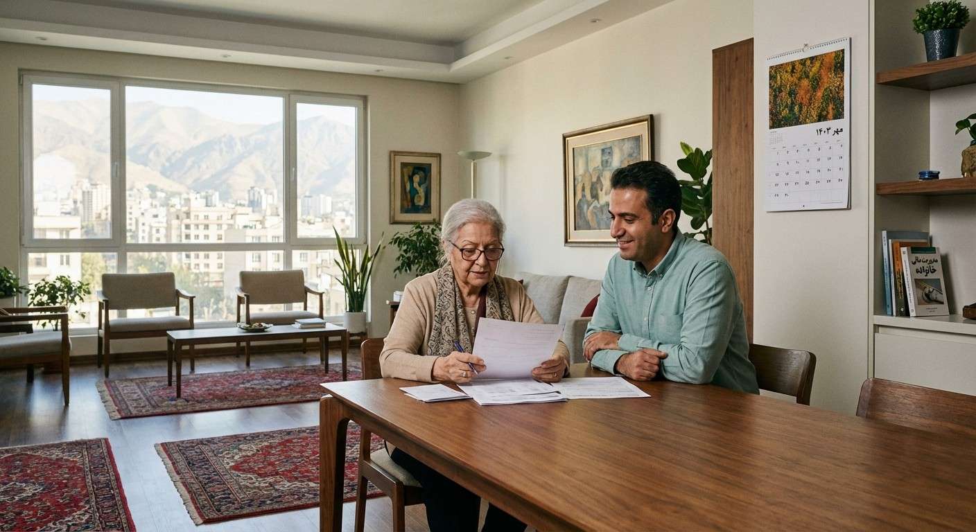 یک خانم سالمند با دقت در حال بررسی برگه‌های مالی خود است و فرزندش با احترام در کنار او نشسته و آماده کمک است.