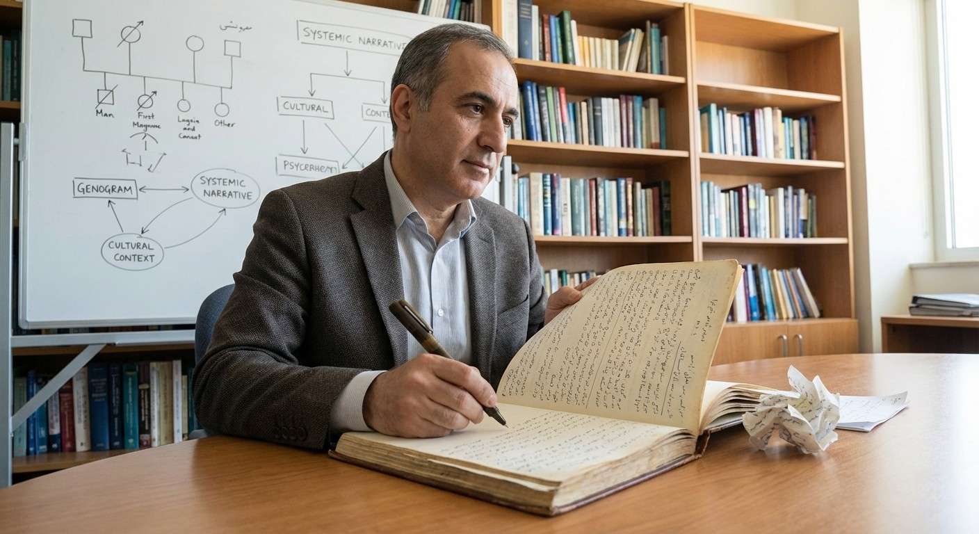 تصویری مفهومی از فردی که با یک قلم بزرگ در حال بازنویسی کتاب زندگی خود است و صفحات قدیمی را ورق می‌زند.