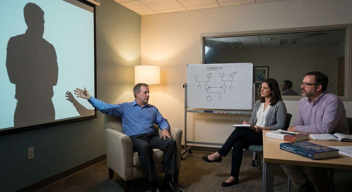 فردی که در مقابل سایه بزرگ و ترسناک خود ایستاده و با آن گفتگو می‌کند، نمادی از بیرونی‌سازی مشکل.