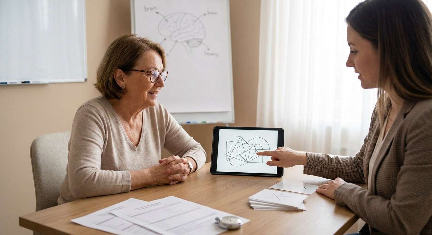 تصویر مفهومی آزمون شکل پیچیده ری (ROCF) که ارتباط بین حافظه دیداری، سازماندهی و عملکرد مغز را نشان می‌دهد.