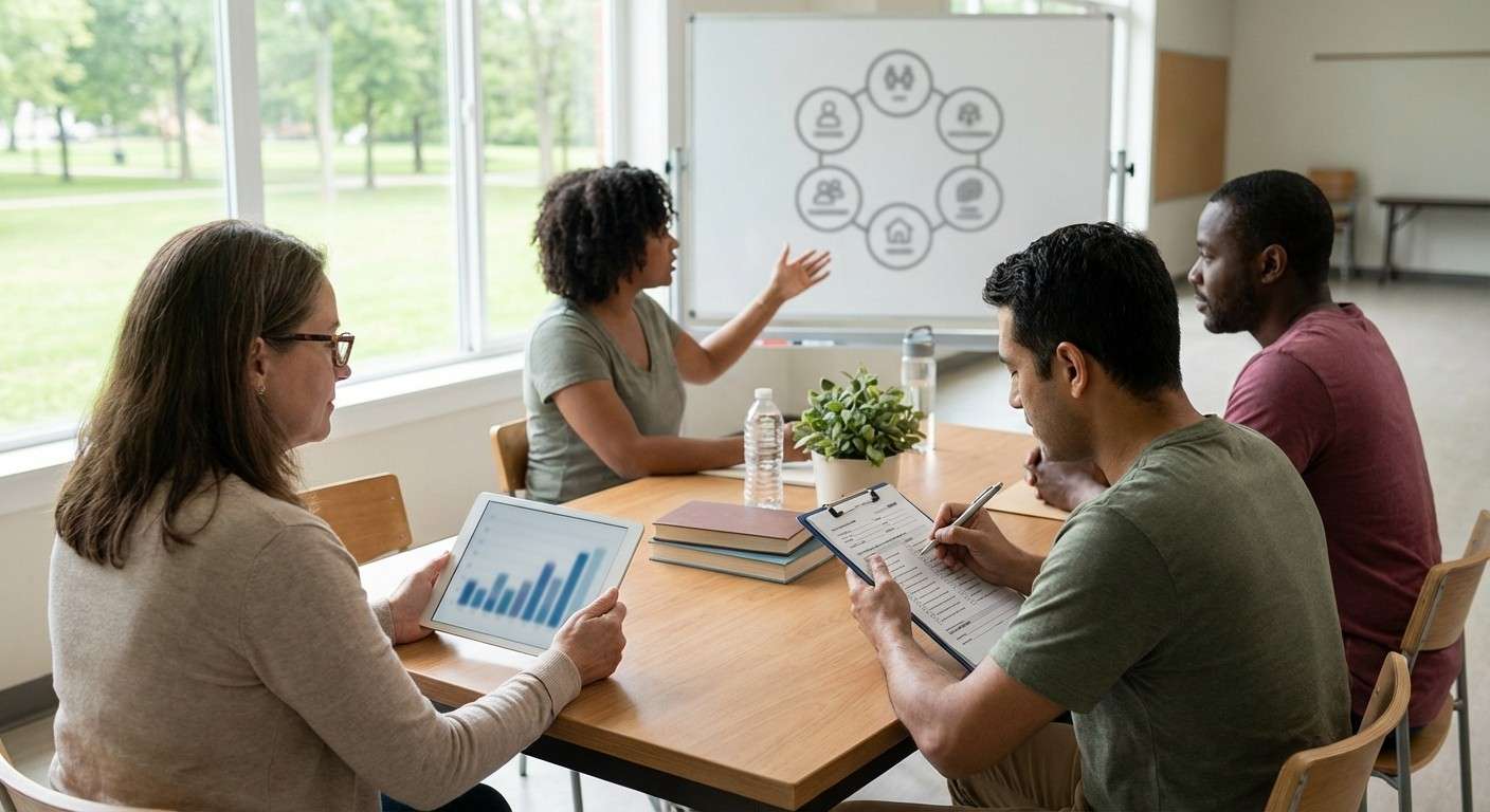 تصویر شش آیکون که هر کدام نماینده یکی از ابعاد بهزیستی روان‌شناختی ریف هستند: پذیرش خود، روابط، خودمختاری، تسلط، هدف و رشد.