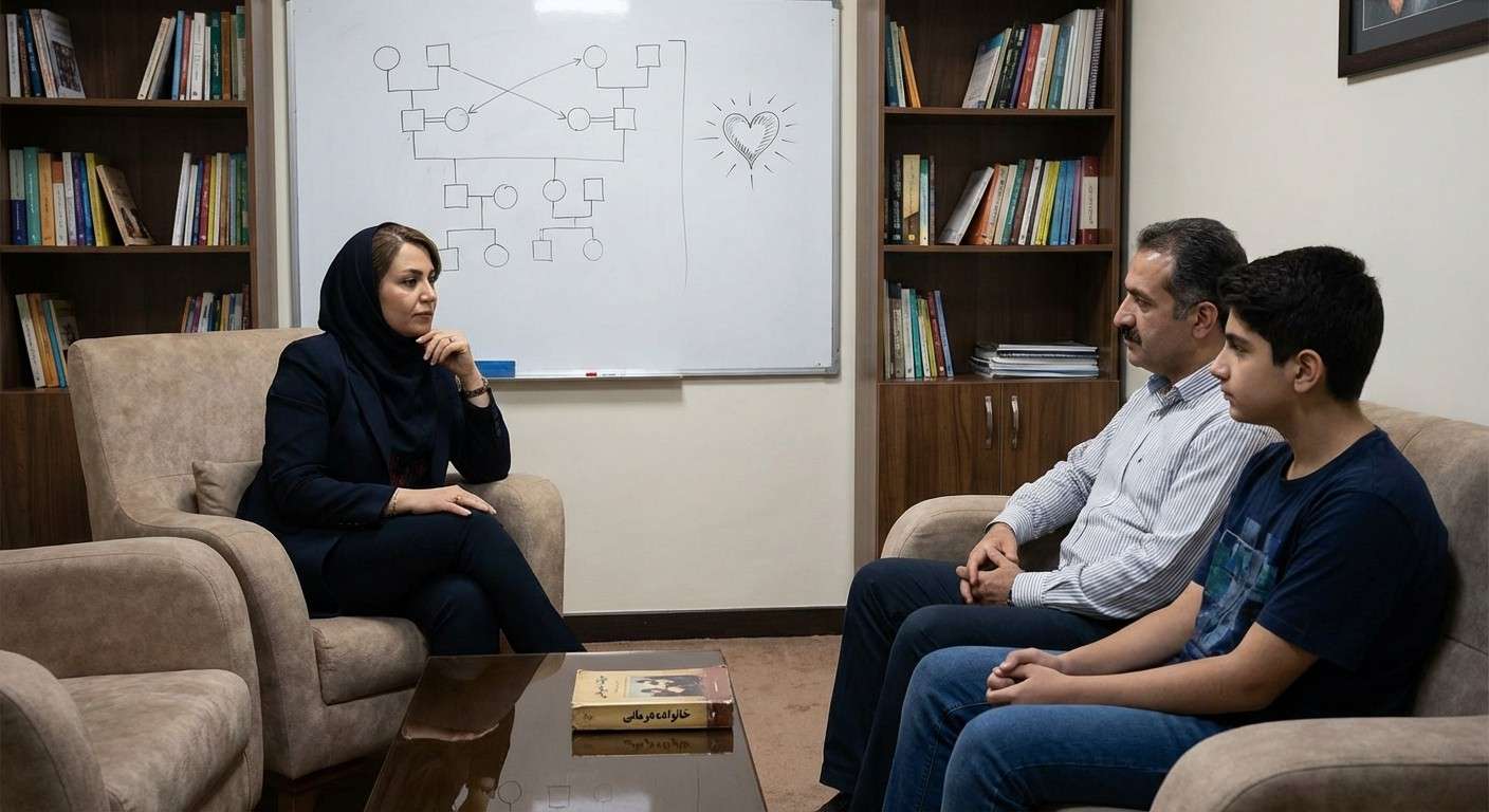 تصویری مفهومی که قلب تپنده خانواده (نگاه ساتیر) را در کنار نقشه تحلیلی روابط (رویکرد میلان) نشان می‌دهد.