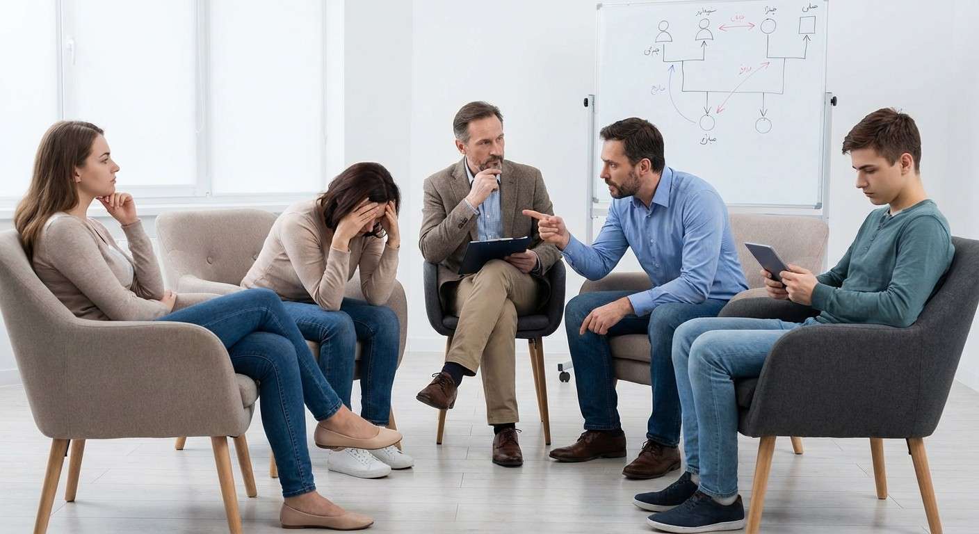 چند نفر در حال تعامل هستند که هر کدام یکی از سبک‌های ارتباطی ناکارآمد ساتیر را به نمایش گذاشته‌اند.