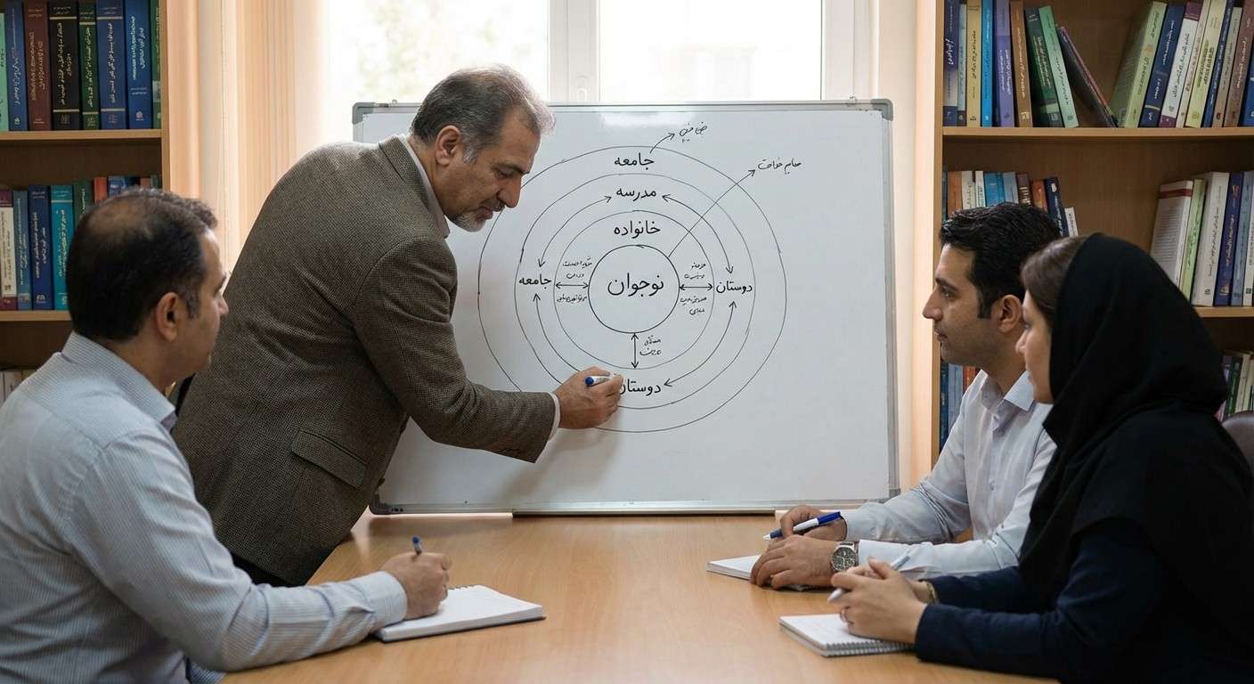 نموداری که یک نوجوان را در مرکز نشان می‌دهد و سیستم‌های مختلفی مانند خانواده، مدرسه، دوستان و جامعه به صورت حلقه‌هایی در اطراف او قرار دارند.