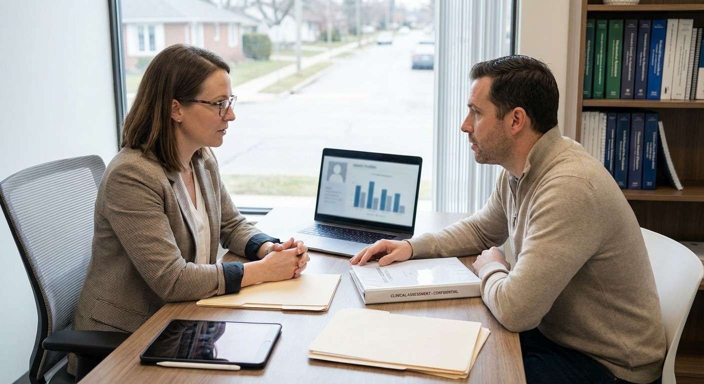 یک متخصص و یک مراجع در حال گفتگویی عمیق و متمرکز در یک محیط درمانی امن.