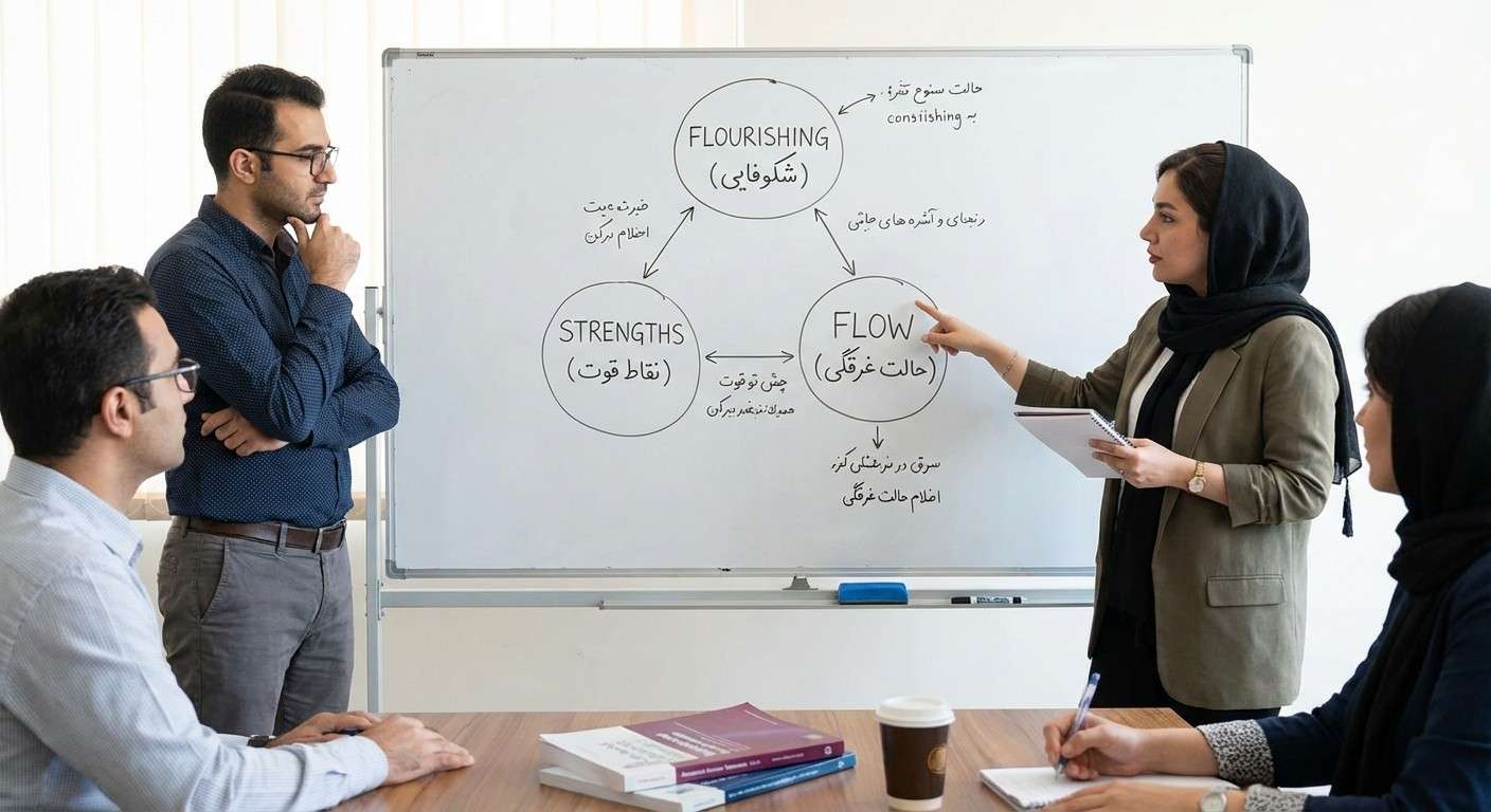 تصویری مفهومی از روان‌شناسی مثبت‌نگر که شامل نمودار شکوفایی، نقاط قوت و حالت غرقگی است.