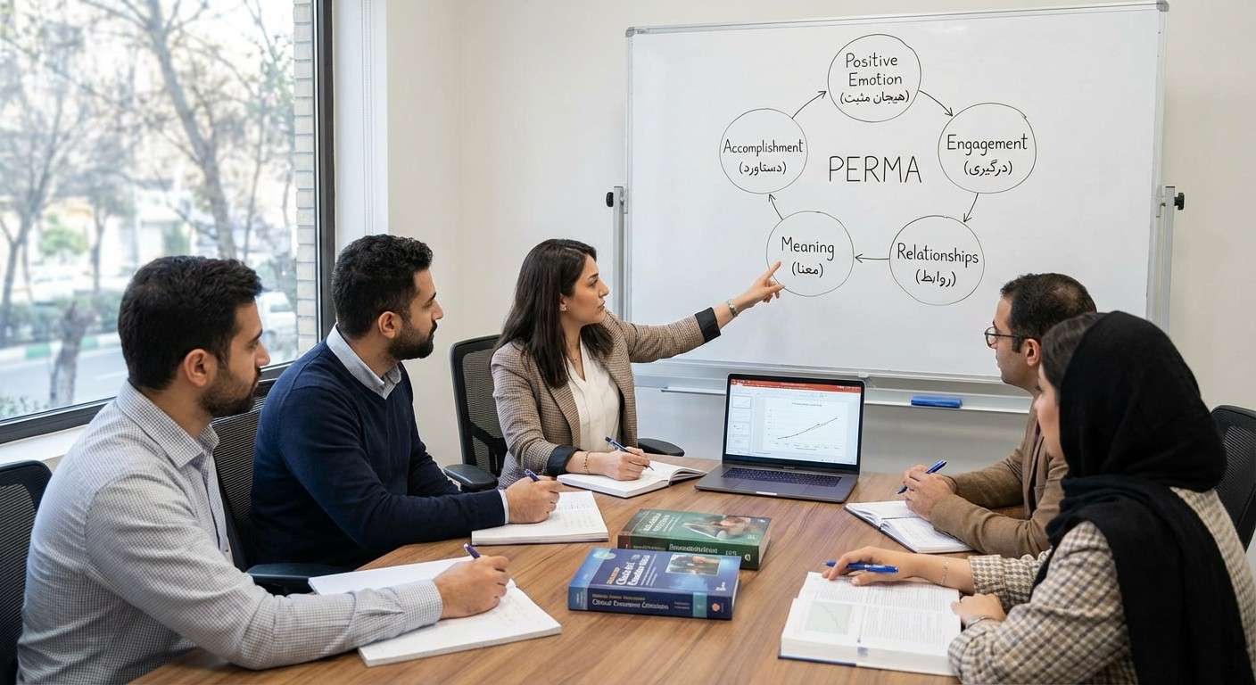 نمودار مدل PERMA که پنج عنصر اصلی بهزیستی را به صورت پنج دایره متصل به هم نشان می‌دهد: هیجان مثبت، درگیری، روابط، معنا و دستاورد.