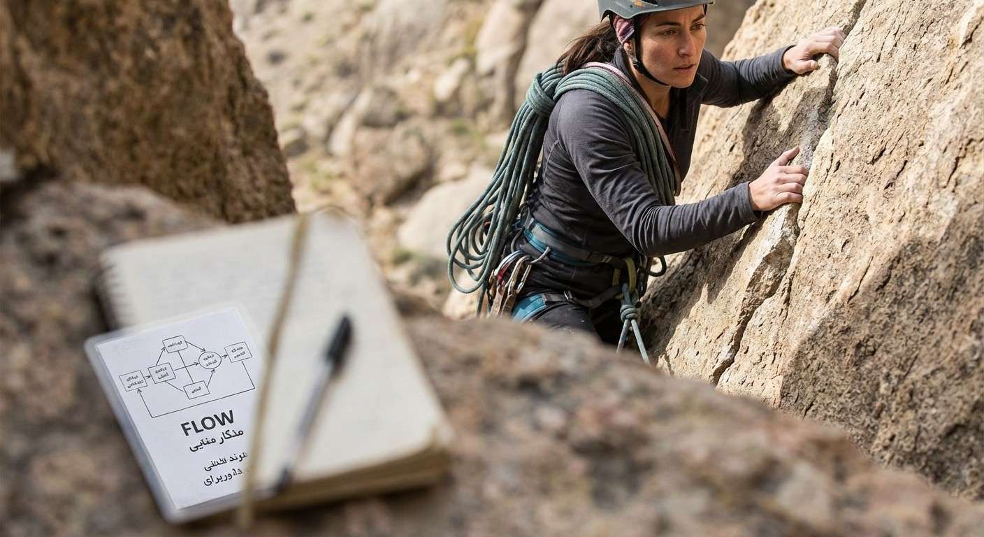 یک کوهنورد که با تمرکز کامل در حال صعود از یک صخره چالش‌برانگیز است، نمادی از حالت غرقگی یا Flow.
