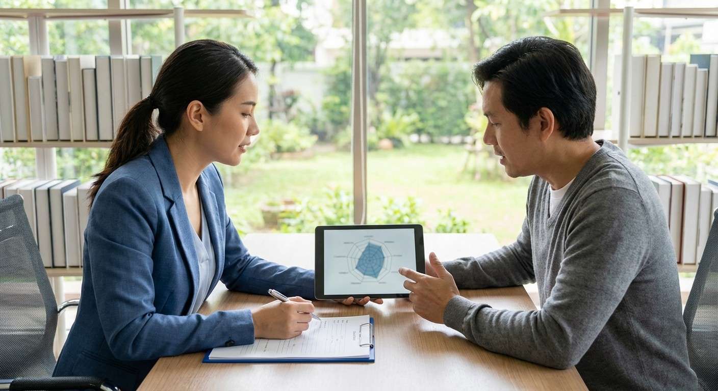 یک نمودار راداری انتزاعی با ۹ محور که هر کدام نماینده یکی از ابعاد روانشناختی آزمون SCL-90-R هستند.