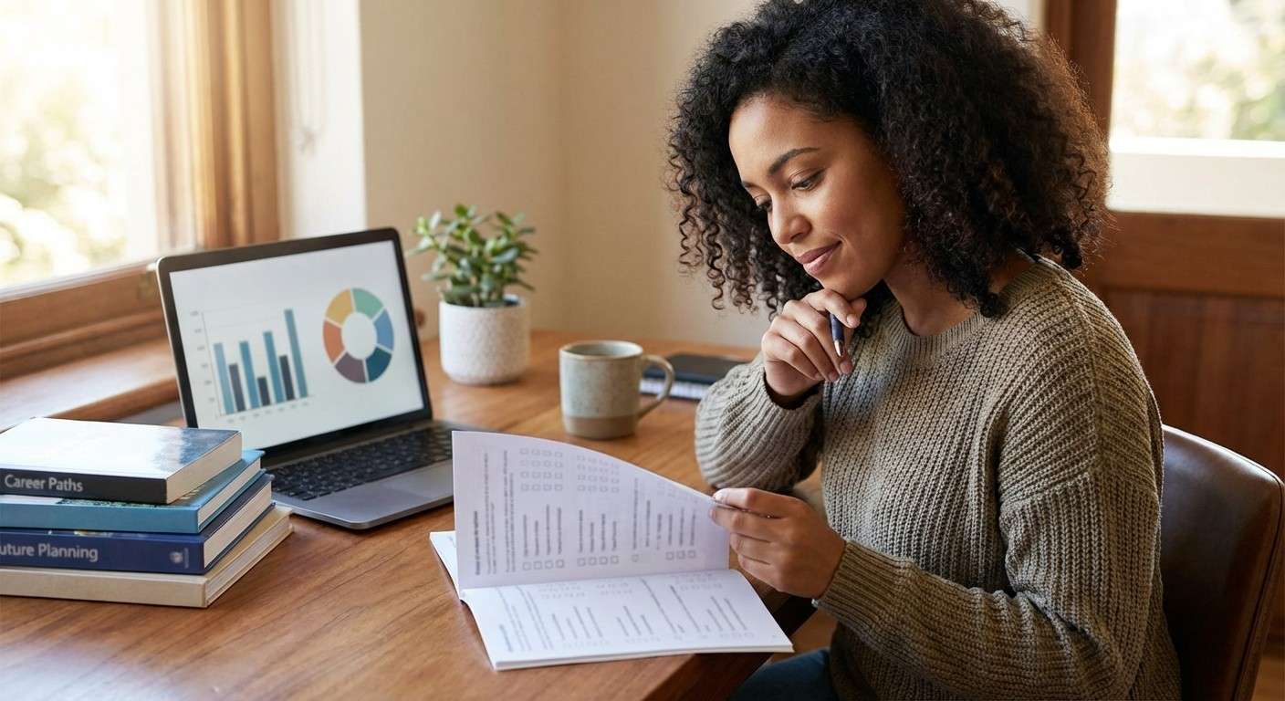 فردی که با استفاده از دفترچه آزمون خودراهبر (SDS) در حال کشف کد شغلی سه‌حرفی خود است.