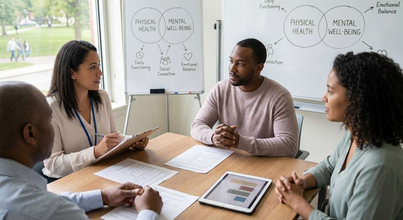 اینفوگرافیک نشان‌دهنده هشت بعد پرسشنامه سلامت SF-36 که به دو دسته سلامت جسمی و روانی تقسیم شده‌اند.