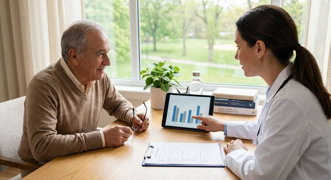 پزشکی در حال صحبت با یک بیمار سالمند و بررسی نمودارهای مربوط به کیفیت زندگی او.