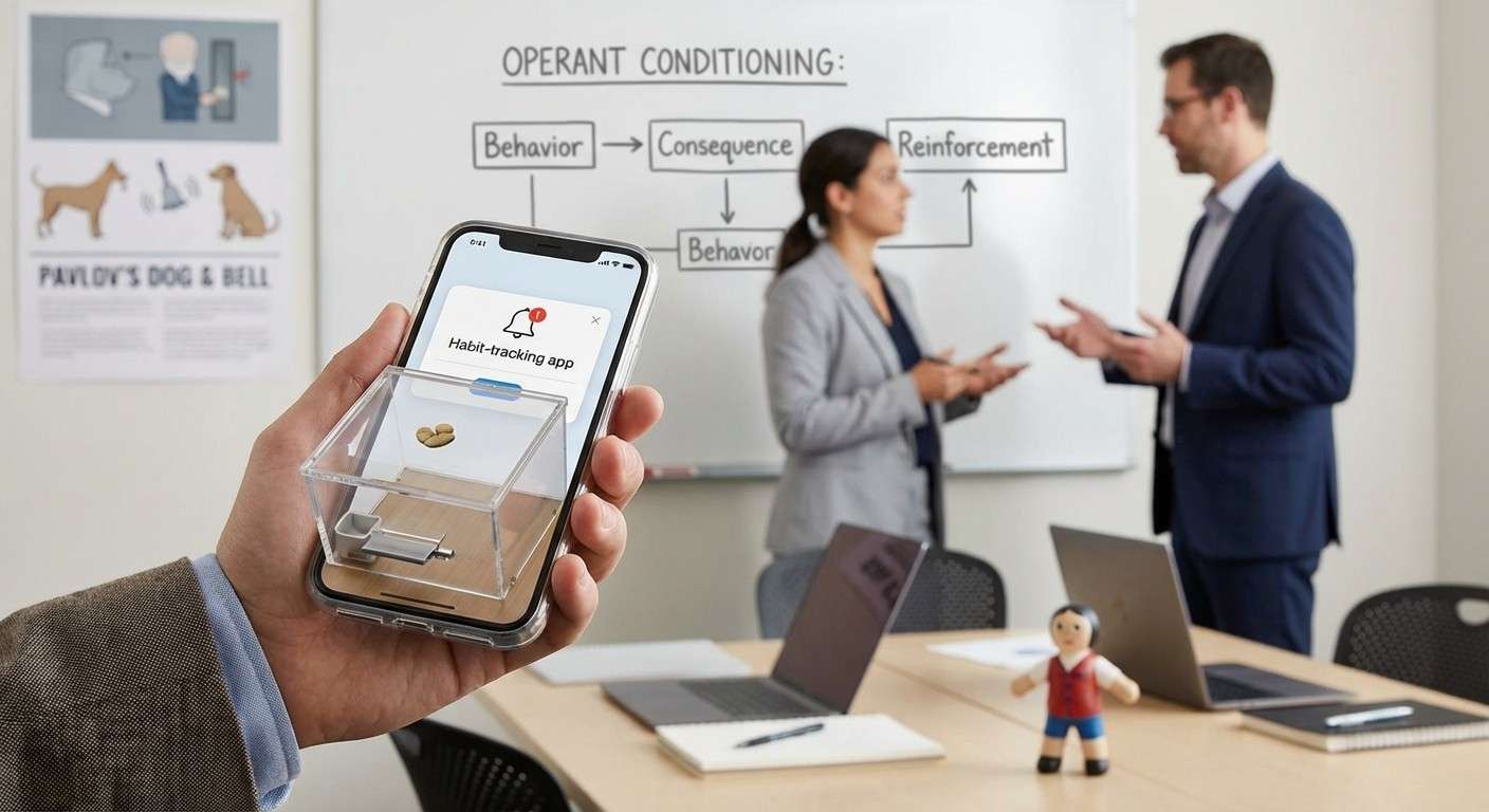 تصویر مفهومی از یک دست که گوشی هوشمندی را نگه داشته که به شکل یک جعبه اسکینر طراحی شده، نماد کنترل رفتار از طریق تکنولوژی.