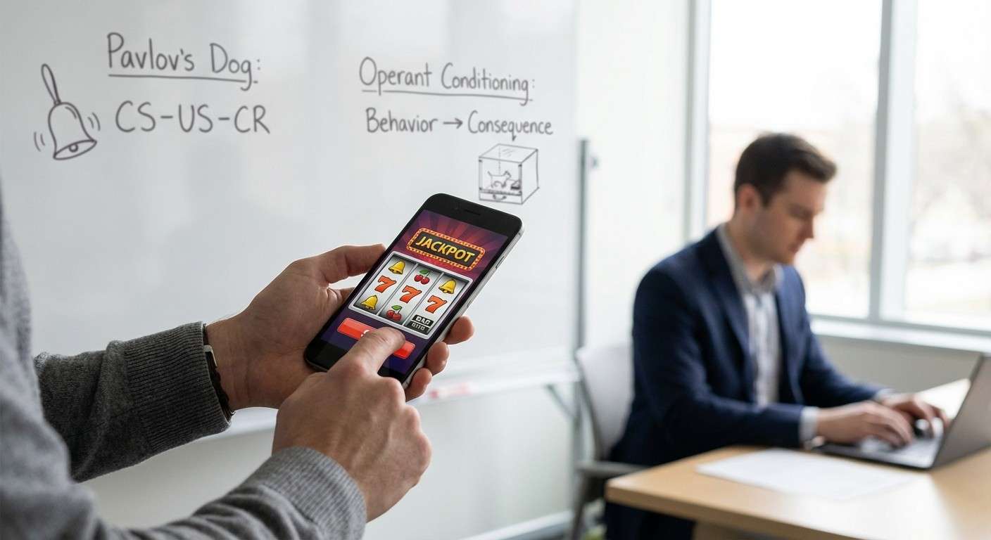 تصویر یک گوشی هوشمند که صفحه آن شبیه به یک دستگاه اسلات ماشین است و فرد در حال اسکرول کردن آن است.