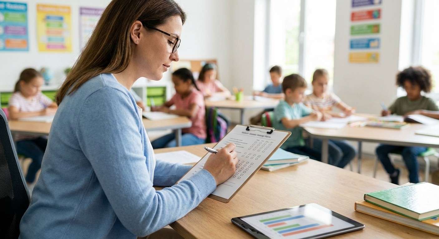 یک معلم در حال تکمیل پرسشنامه SNAP-IV برای یکی از دانش‌آموزانش در یک کلاس درس آرام.