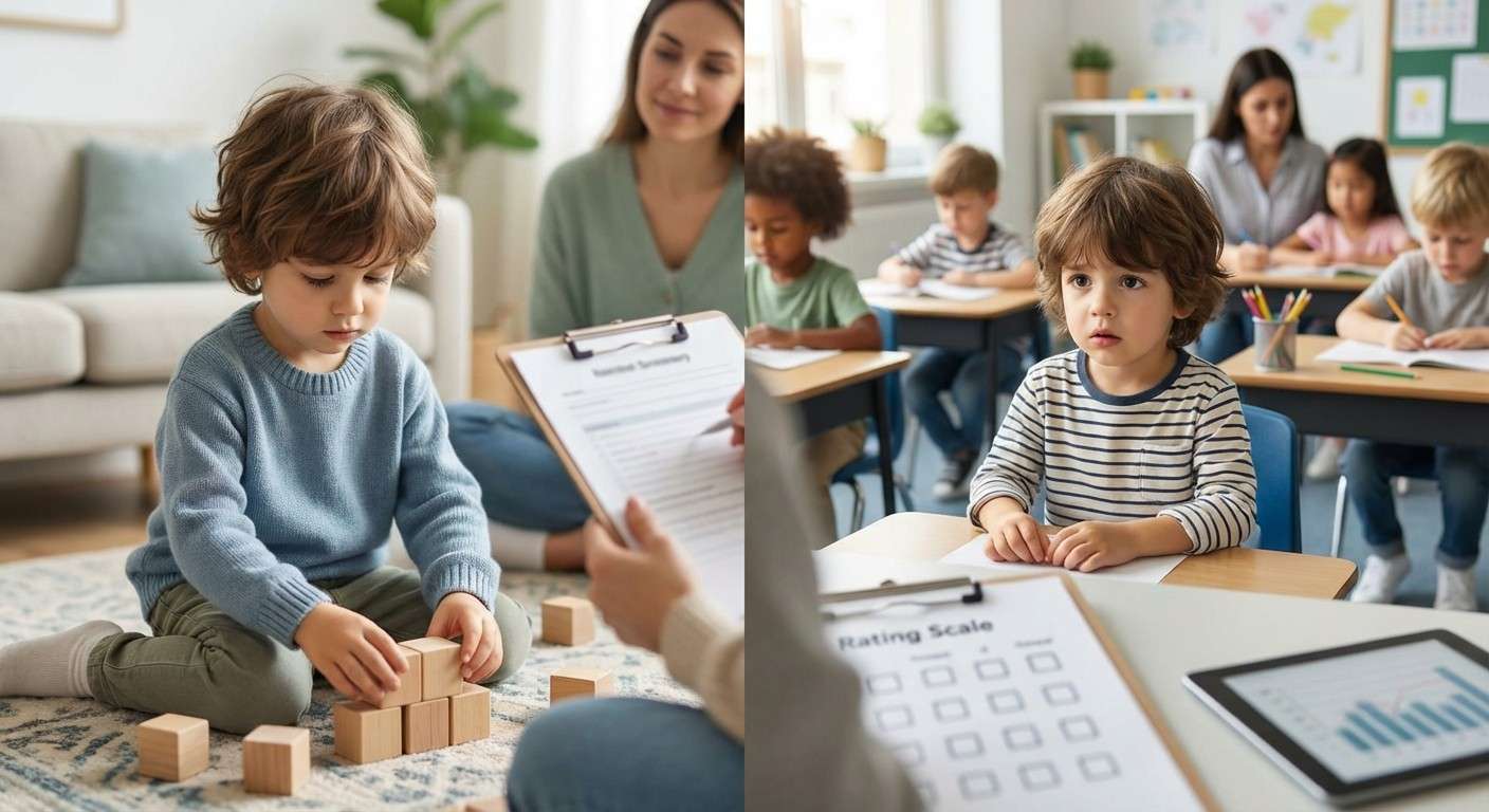 تصویری که دو محیط متفاوت را نشان می‌دهد: یک کودک در حال بازی آرام در خانه و همان کودک در یک کلاس درس شلوغ.