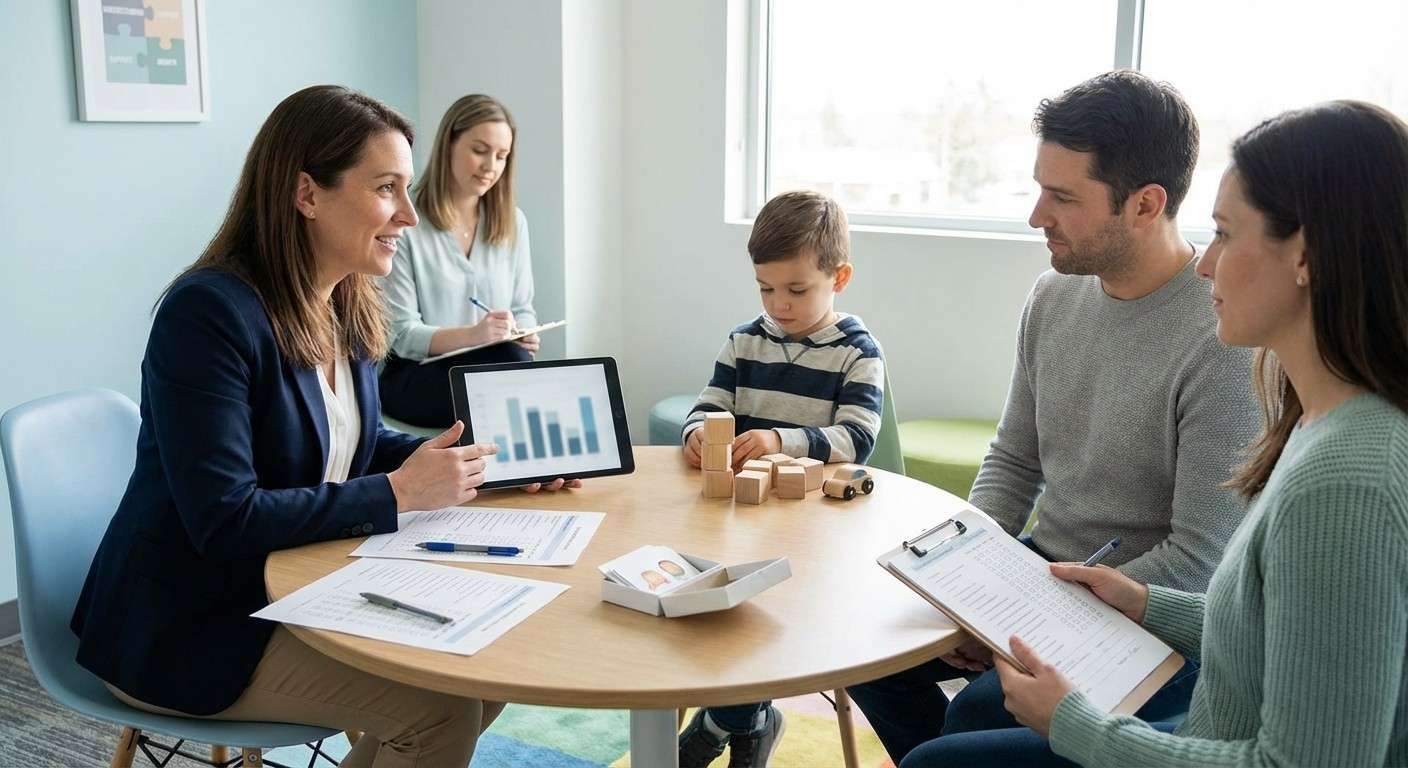 یک پازل که قطعات مختلفی مانند اوتیسم، ADHD و اضطراب اجتماعی را نشان می‌دهد و یک متخصص در حال چیدن آن‌ها کنار هم است.