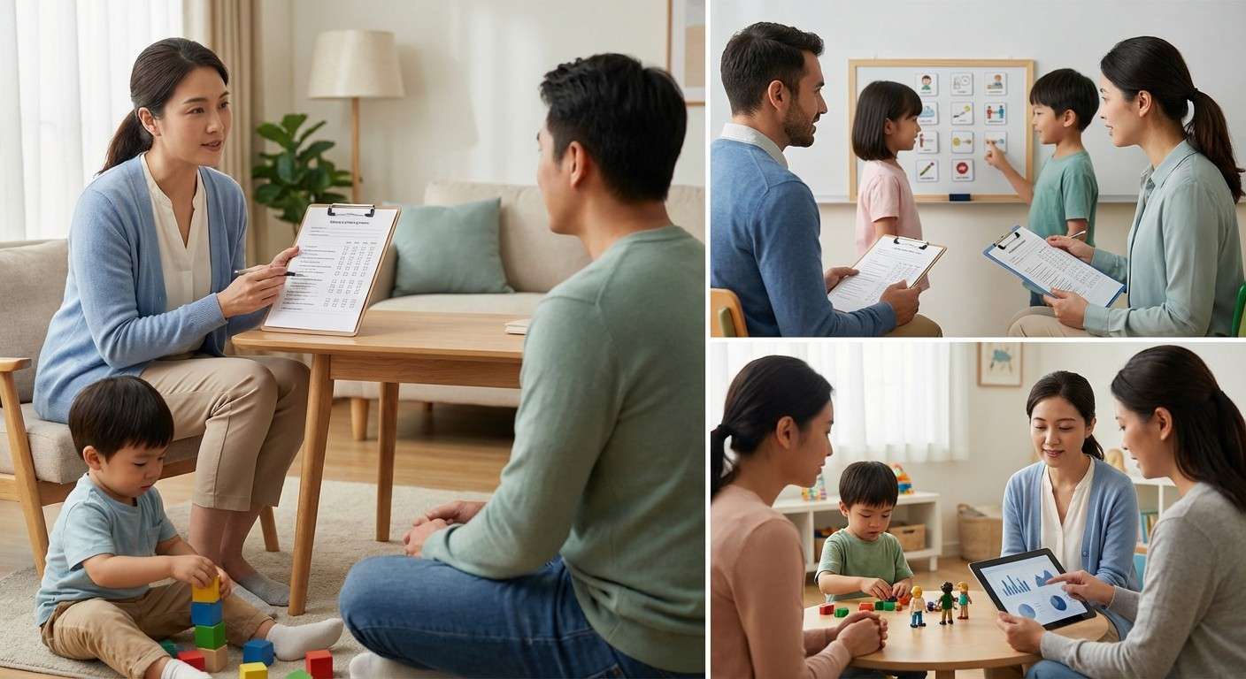 تصویری مفهومی از مقیاس SRS-2 که عملکرد اجتماعی یک کودک را در دو محیط خانه و مدرسه مقایسه می‌کند.