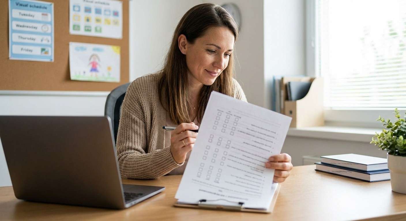 یک معلم در حال پر کردن پرسشنامه SRS-2 در مورد یکی از دانش‌آموزانش در دفتر کار خود.