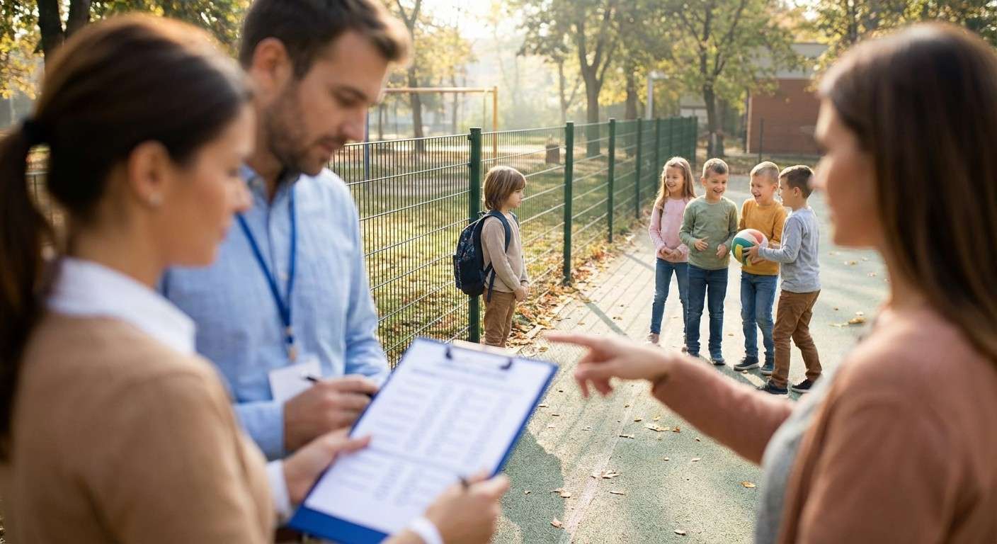 کودکی در حیاط مدرسه که به تنهایی ایستاده و به بازی گروهی همسالانش نگاه می‌کند، نمادی از چالش‌های اجتماعی در محیط واقعی.