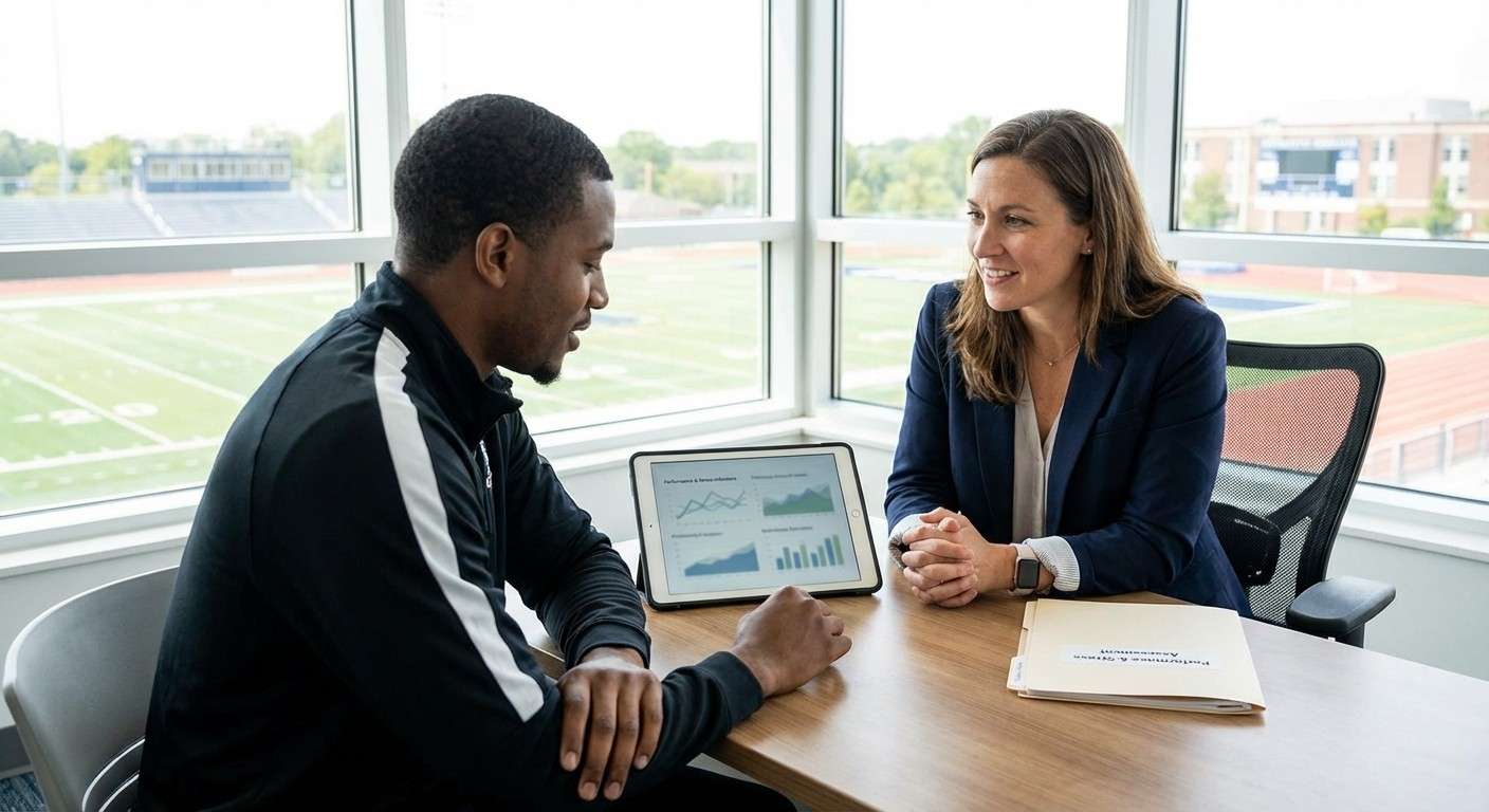 یک روانشناس ورزشی در حال صحبت با یک ورزشکار و بررسی نمودارهای عملکردی او که به استرس و اضطراب مرتبط است.