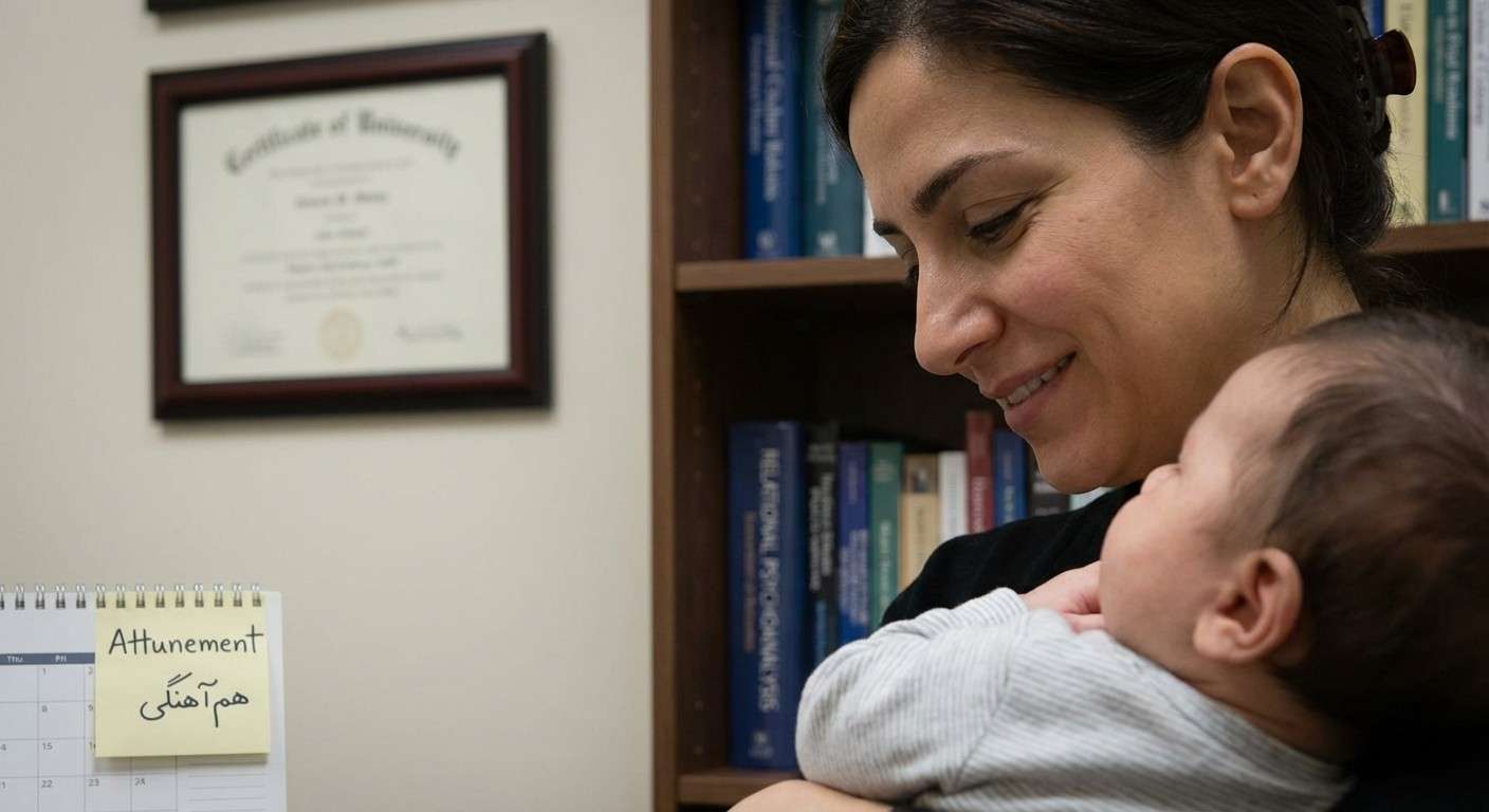 تصویر نزدیک از چهره یک مادر که با لبخند و نگاه محبت‌آمیز به نوزادش نگاه می‌کند، نماد هم‌آهنگی عاطفی.