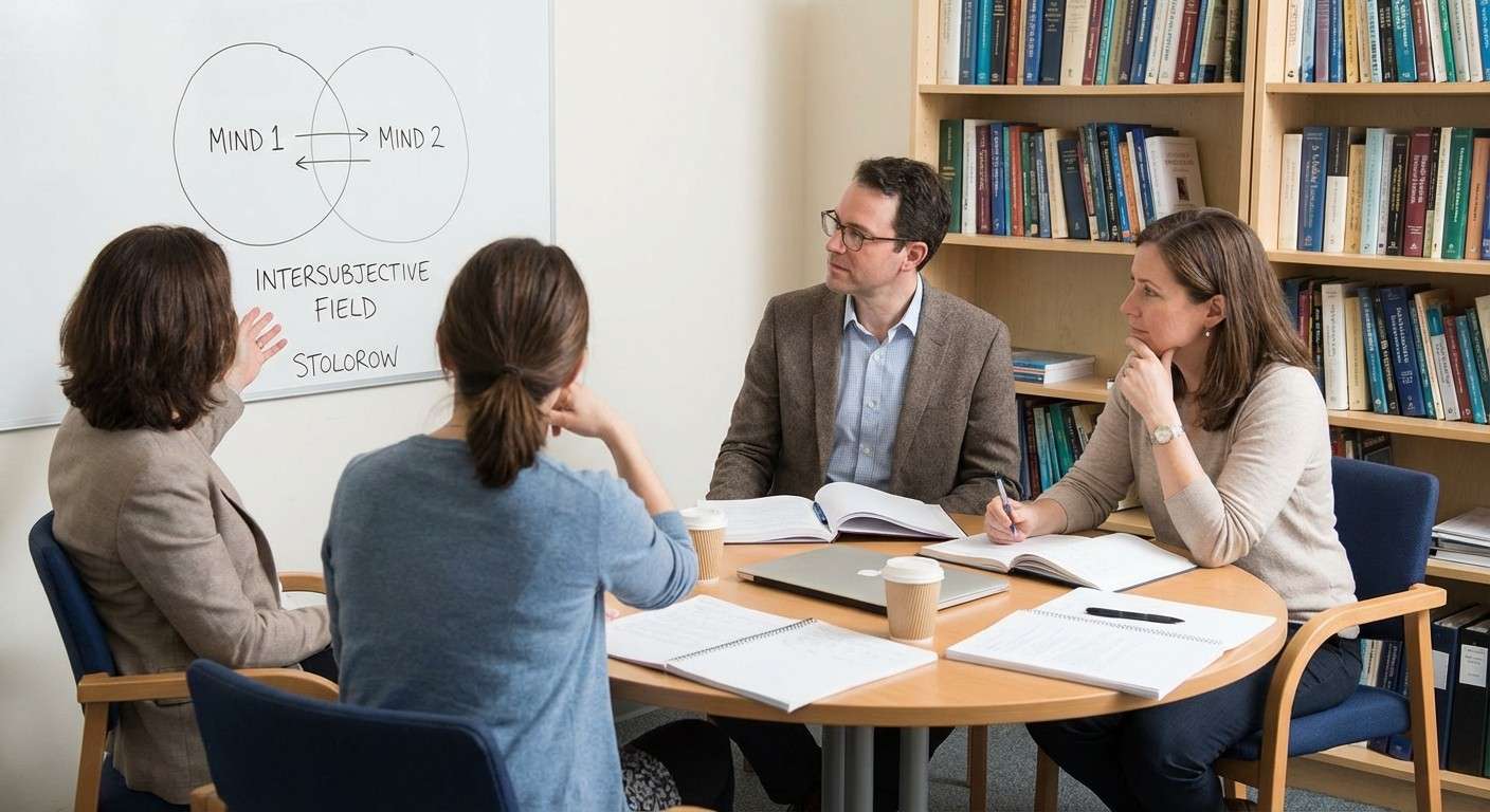 تصویری مفهومی از دو ذهن که در یک فضای مشترک به هم متصل شده‌اند، نماد نظریه بین‌ذهنی رابرت استولورو.