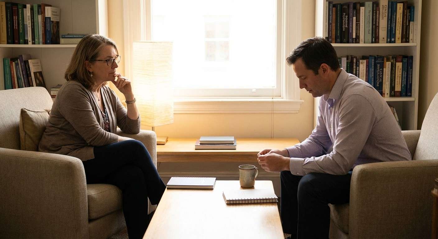 دو نفر که در یک فضای آرام و امن روبروی هم نشسته‌اند و بین آن‌ها نوری ملایم جریان دارد.