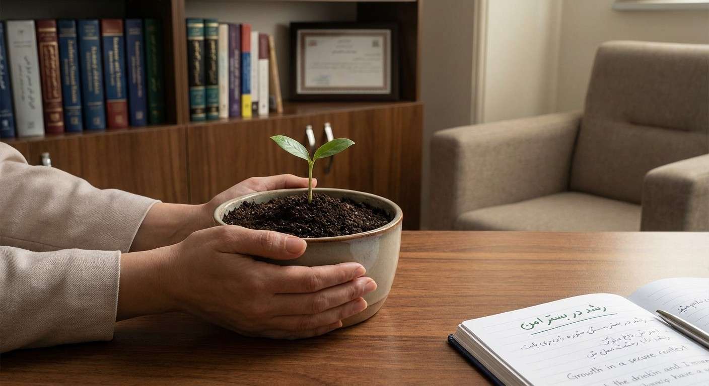 نمایی از یک گیاه که در خاکی حاصلخیز در حال جوانه زدن است، نماد رشد در یک زمینه امن و حمایتگر.