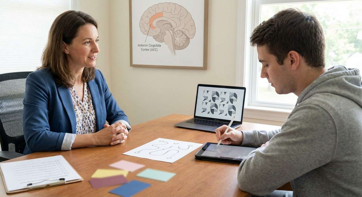 تصویری از مغز که قشر سینگولیت قدامی (ACC) را به عنوان مرکز تشخیص تداخل و تعارض هایلایت کرده است.