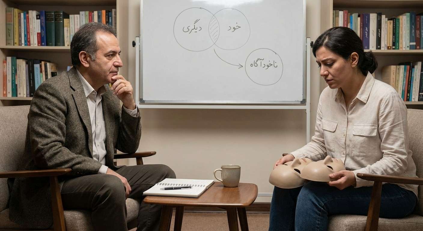 ماسک‌های مختلف که یک فرد در دست دارد، نشان‌دهنده نسخه‌های متفاوت شخصیت در روابط گوناگون.