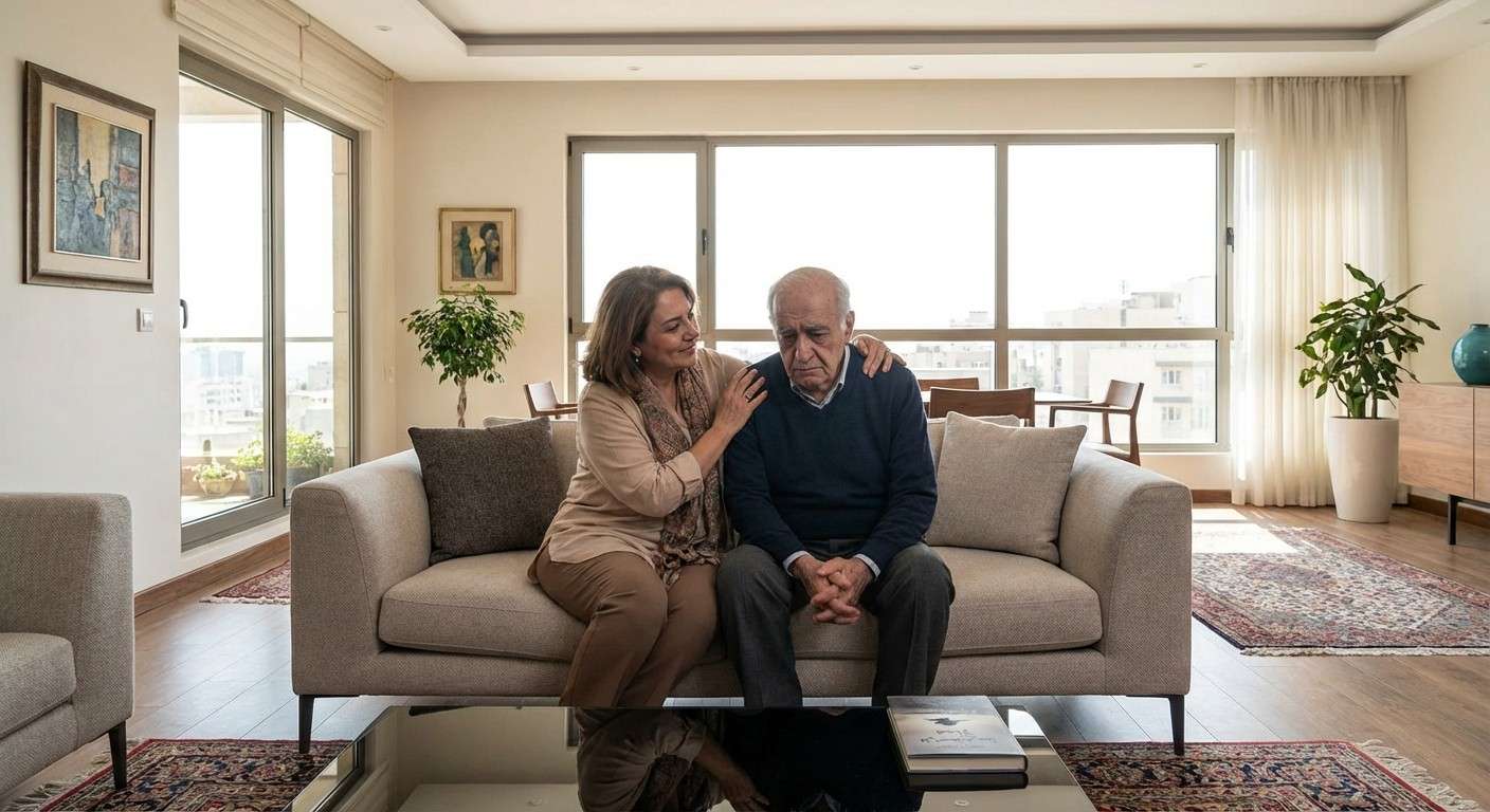 فرزند بالغی که با مهربانی شانه والد سالمند و غمگین خود را در آغوش گرفته و به او دلداری می‌دهد.