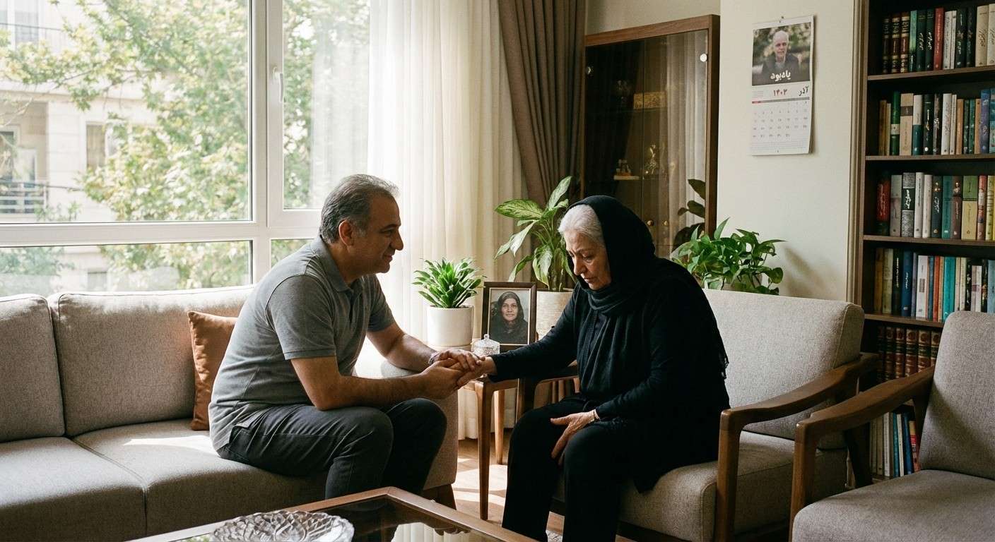 فرزندی که با صبر و همدلی در کنار والد سالمند و سوگوار خود نشسته و به او آرامش می‌دهد.